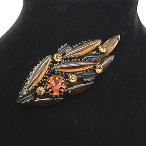 Japanned Brown Glass Brooch Topaz Navette Rhinestone Pin Vintage Large Leaf MCM